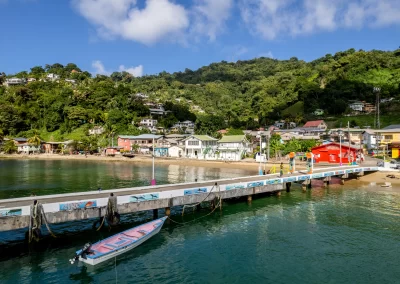 The Charlotteville Tobago fishing village, lush Main Ridge mountains, and the colorfully painted pier with fishing boat